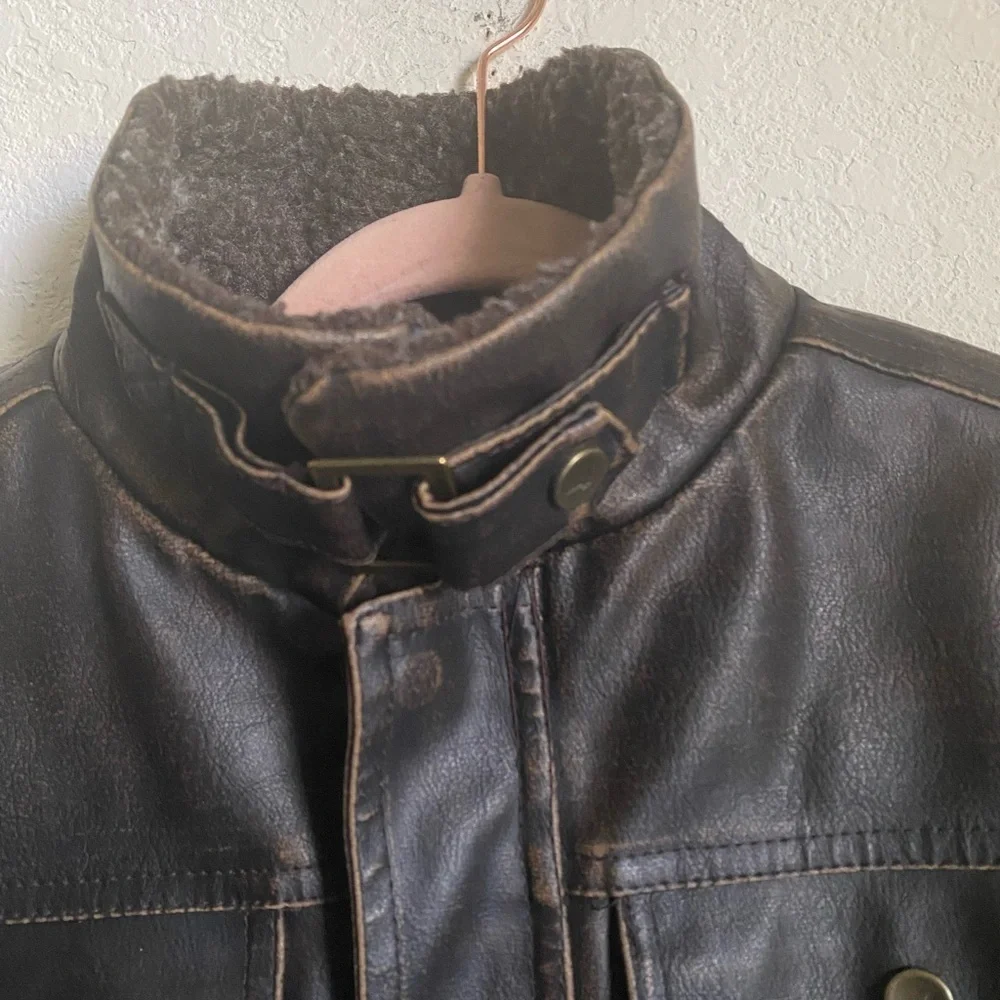 Hawke & Co Boys Brown Faux Leather Sherpa Collar Bomber Biker Moto Jacket 10/12